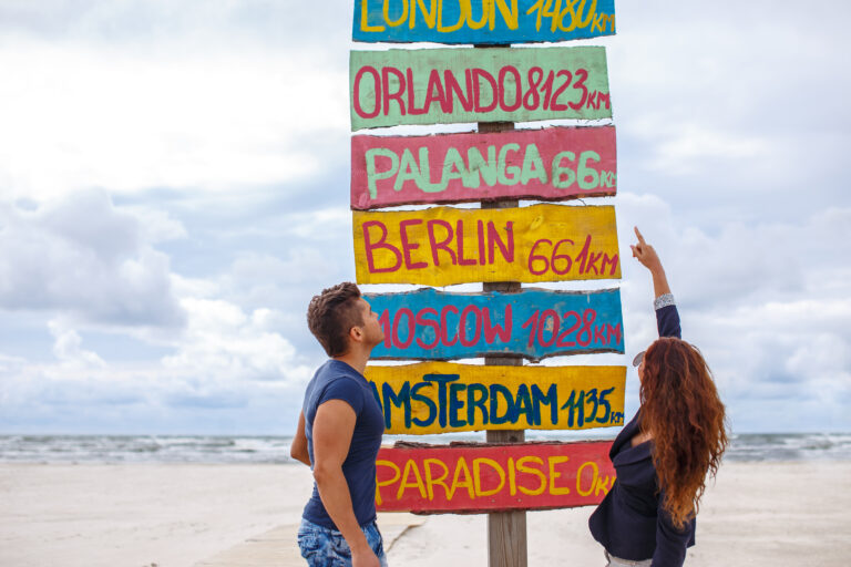 People posing beside a directional signpost on a beach